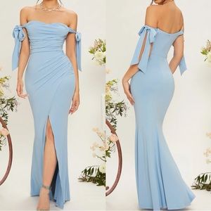 Baby blue off shoulder party formal bridesmaids prom dress